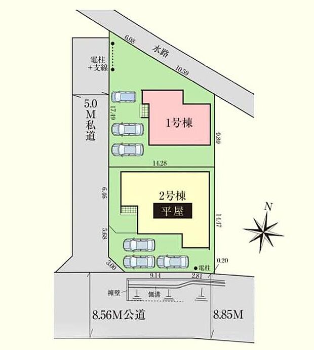西側5m私道、南側8.56m公道に接道