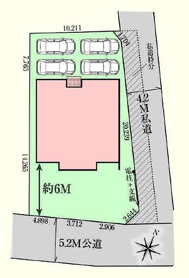 南東側5.28m公道・北東側4.2ｍ私道