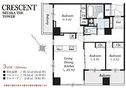 エルヴェ三鷹クレッセント三鷹ザ・タワー 3LDKの間取図画像
