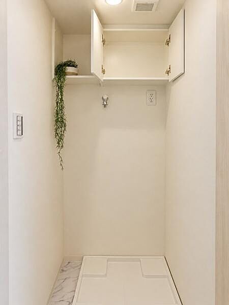 収納のある洗濯機置き場です。ドアがあるので洗濯機が隠せます。