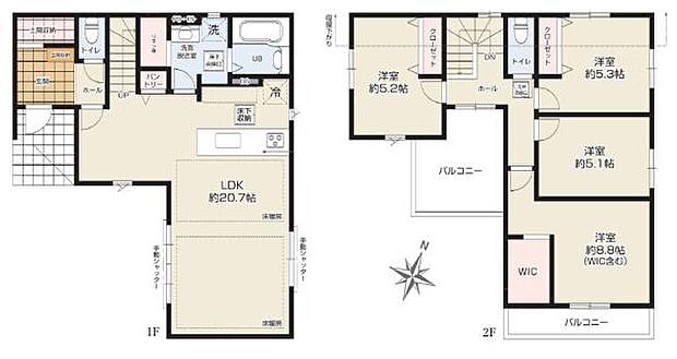 家族が自然と集う20.7帖のLDK。会話が弾む対面キッチンで、お子様の様子を見ながら料理ができます。WICに土間収納、パントリーも完備！ベビーカーや趣味の物もスッキリ片付く、豊富な収納力が自慢です。