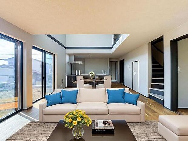 リビングから続くお庭。夏はプール、週末はキャンプ。家族のかけがえのない思い出を。※画像の家具はCGによるイメージ写真です。実際に家具はおかれておりません。