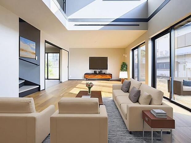 日だまりのリビングで、ゆったり家族団らん。心地よい時間が流れる、温かい住まいです。※画像の家具はCGによるイメージ写真です。実際に家具はおかれておりません。