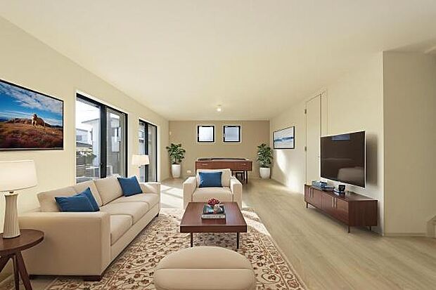 上質な素材感に包まれる、こだわりを凝縮したリビング。大きな窓から光が入り、開放感あふれる日常を演出します。(本画像はCGにて家具等を配置しております。実際に家具等はおかれておりません。)