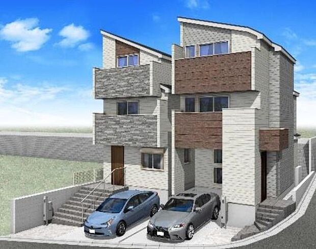 《完成予想図》 ■陽当たりが良い土地に、スタイリッシュかつ重厚感のある外観。本画像はCGで作成しており、実際に現地に車は置かれておりません。また、価格に車は含まれておりません。