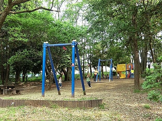 藤が丘公園まで880m、ベンチ、トイレ、すべり台、ブランコ、鉄棒、ターザンロープがあります