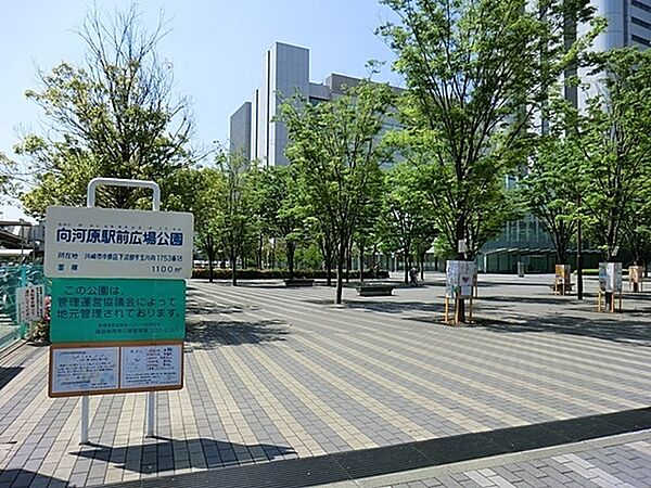 向河原駅前広場公園まで665m、駅前の整備されたキレイな公園です。植栽も施され、木漏れ日の中気持ちよくお散歩できます。