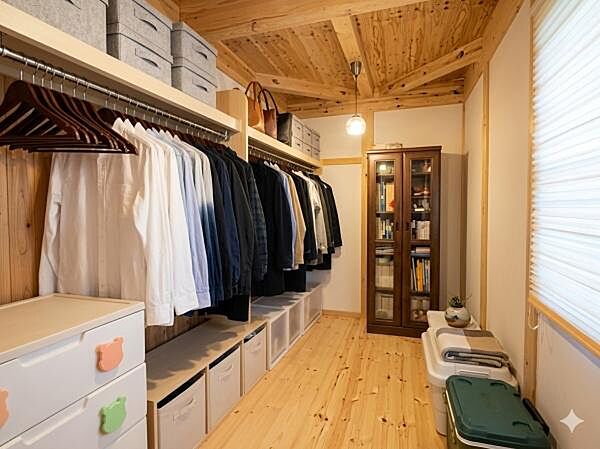 季節用品やアウトドアグッズ、衣類などをたっぷり収納できる便利な納戸スペース。生活空間に物があふれにくく、お部屋をすっきり保てます。ファミリークローゼットとしても活躍する、使い勝手の良い収納空間です。