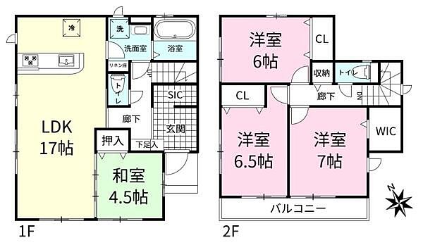 17帖の広々LDK＋和室を備えた4LDK。全居室2面採光で明るく風通し良好♪SIC・WIC・各居室収納も充実。水回りがまとまった家事動線も魅力です。