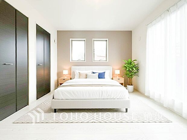 一日の疲れをいやしてくれる寝室。（家具・装飾品はＡＩ加工です）