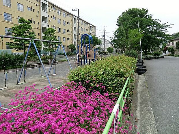 東本郷下田公園 57m 道路に囲まれた細長い公園で、スロープ及び階段で、広場の面と遊具の面に分かれています。