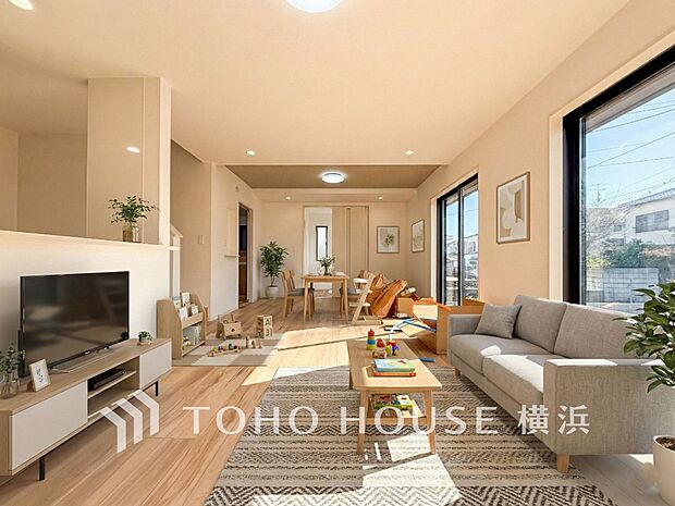 柔らかな色調、質感で、ゆったりとしたくつろぎの空間を演出。 家具はAI加工）