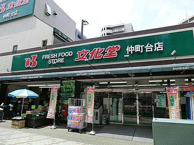 文化堂 仲町台店 1100m 毎日の食卓を彩る食料品が品揃え豊富に揃います。駅に近いのでお仕事やお出かけ帰りのお買物にも便利です。