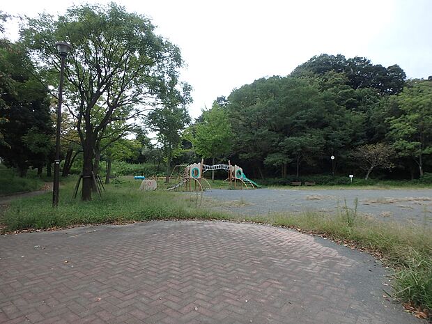 庄戸第五西公園 400m 公園の真ん中に大きな恐竜の滑り台があります。ユニークな形の遊具や砂場・鉄棒・ブランコなど楽しめる公園
