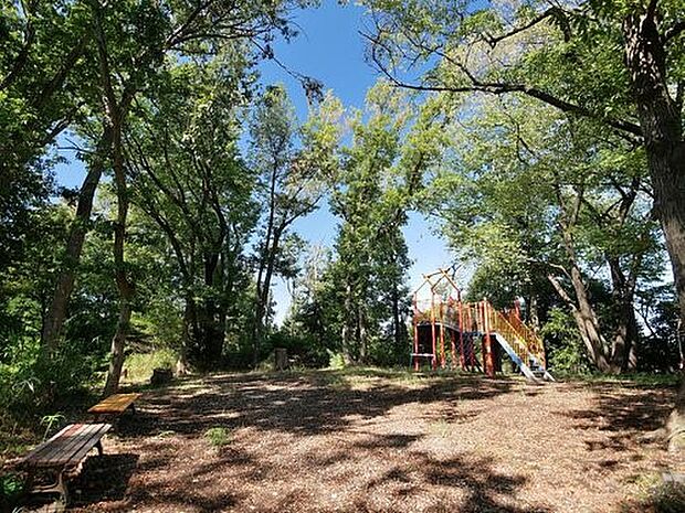 新橋天神の森公園　800m　小さな森の中に秘密基地のように遊具があります。お子様が喜びそう。 