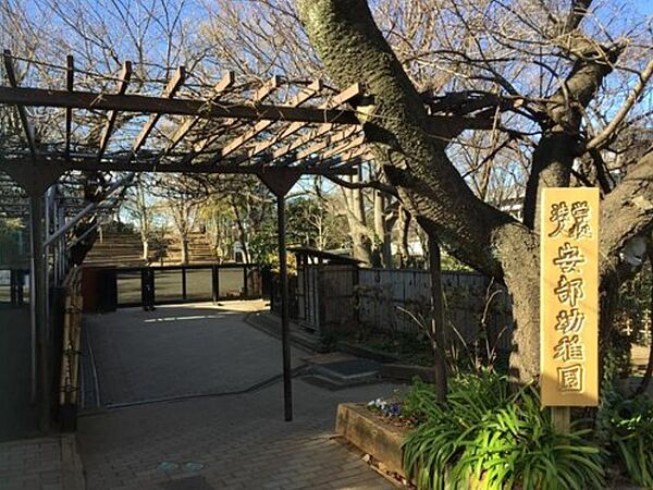 安部幼稚園　300m　3500坪の広い園地には自然豊かな雑木林などがあり四季を楽しみながらのびのびと園生活を過ごせます。