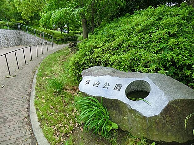 早渕公園 850m 雑木林に囲まれ、気軽に森林浴気分が味わえる敷地の広い公園。多目的広場では野球などができます。