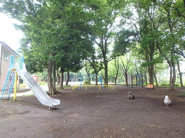 泉中央公園 1300m 自然の森の中にある広場で、ブランコやすべり台、アスレチックなどの遊具があります。