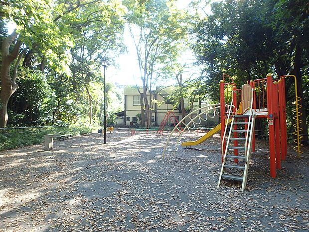 白幡公園 1300m 緑豊かな公園です。公園の中には修繕が終わったばかりのログハウスもあります。