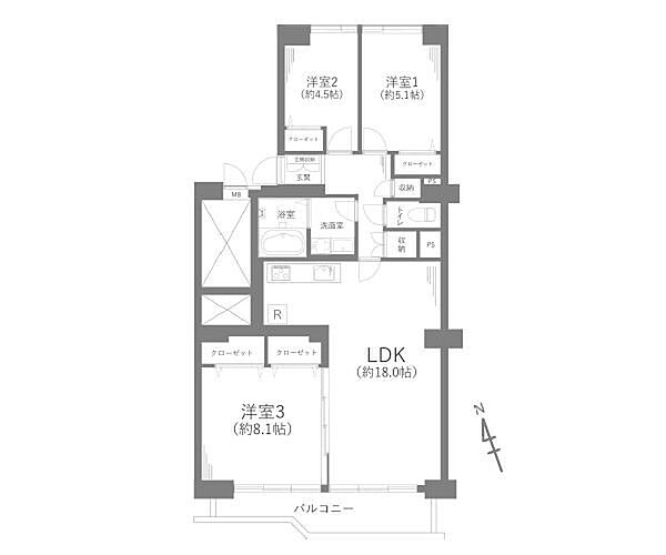 3LDK　専有面積88.07m2