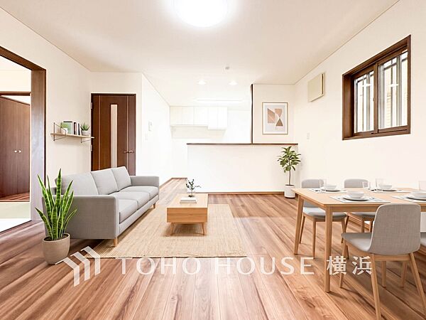 ゆったり寛げるリビング。※生成AIによるイメージです。家具・小物は販売価格に含まれません。