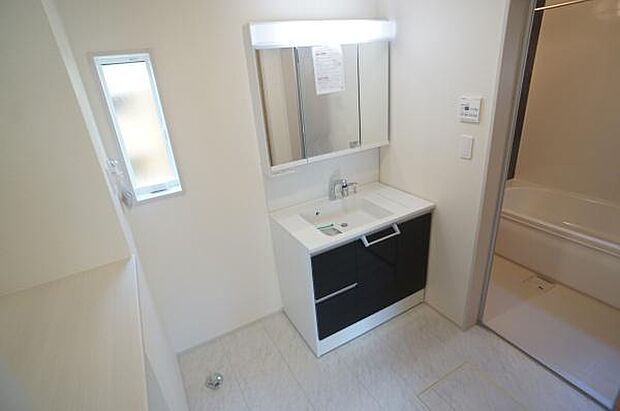 ハンドシャワー付き三面鏡洗面台。