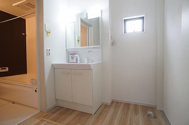 ハンドシャワー付き三面鏡洗面台。