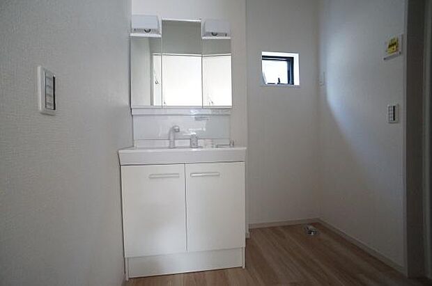 ハンドシャワー付き三面鏡洗面台。