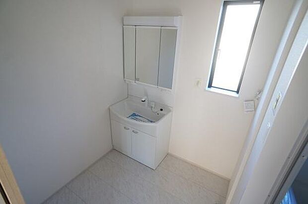 ハンドシャワー付きの三面鏡化粧台。