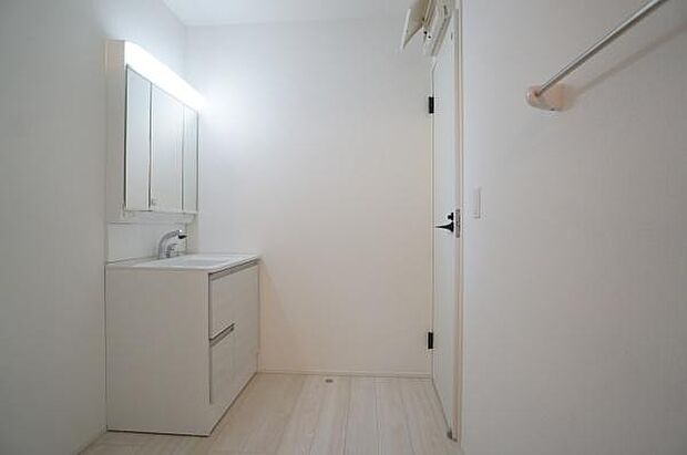 ハンドシャワー付き三面鏡洗面台。