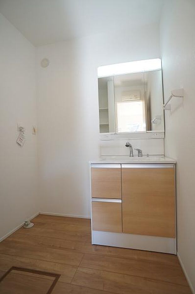 ハンドシャワー付きの三面鏡洗面台。