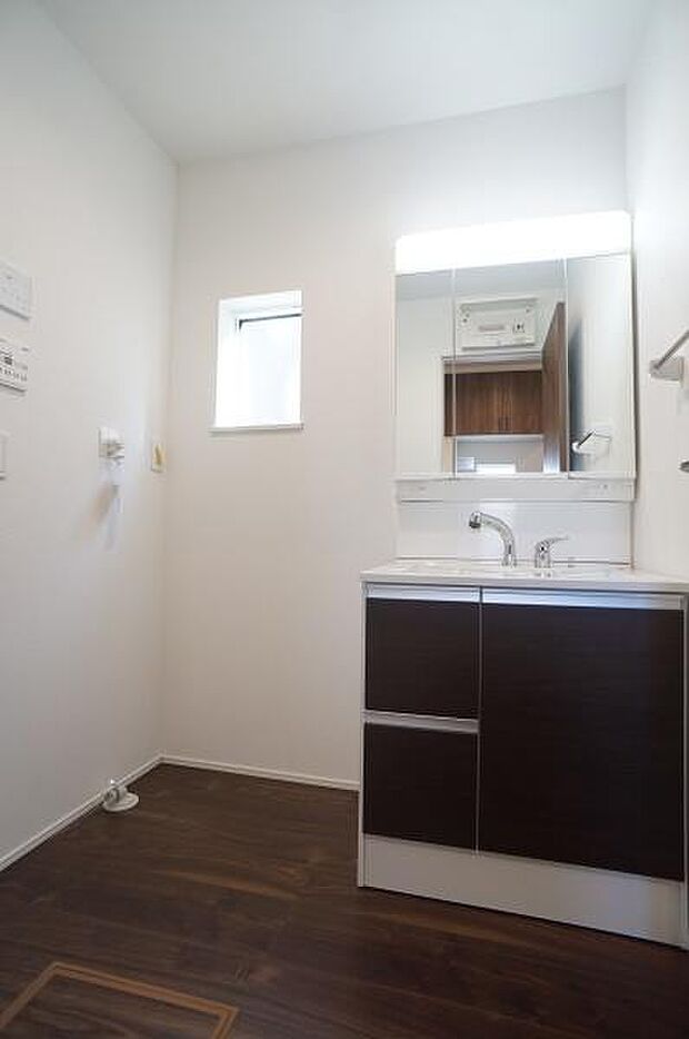 ハンドシャワー付き三面鏡洗面台。