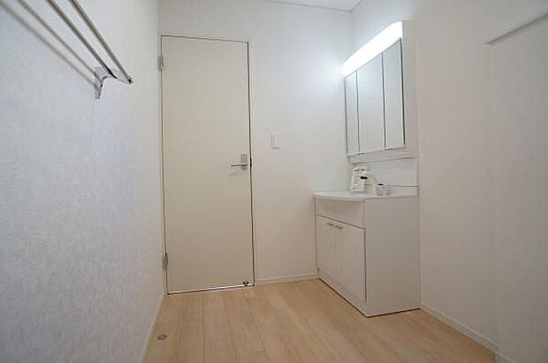 ハンドシャワー付き三面鏡洗面台。