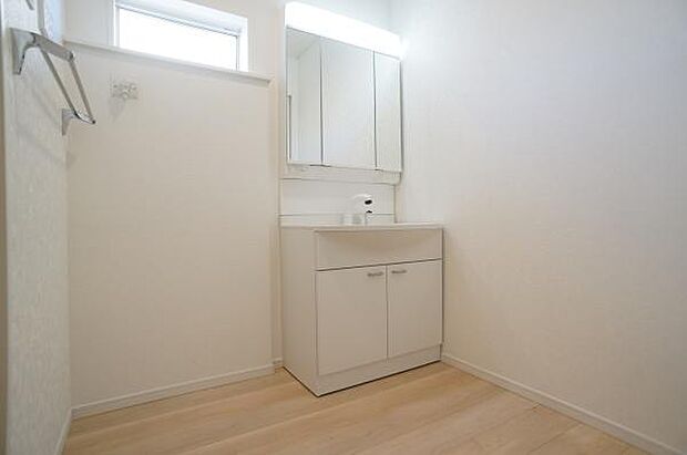 ハンドシャワー付き三面鏡洗面台。