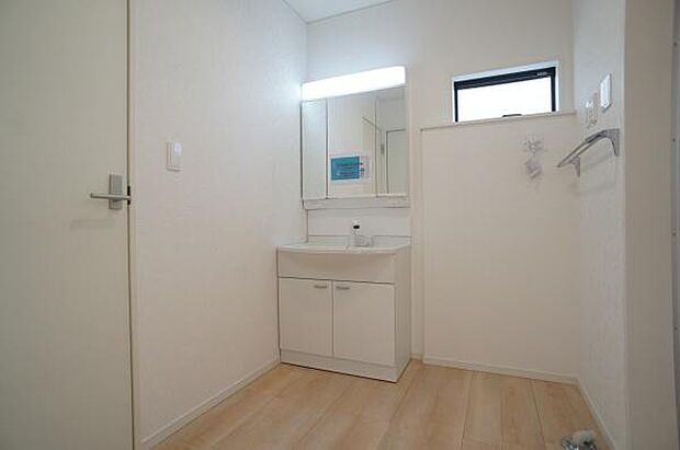 ハンドシャワー付き三面鏡洗面台。