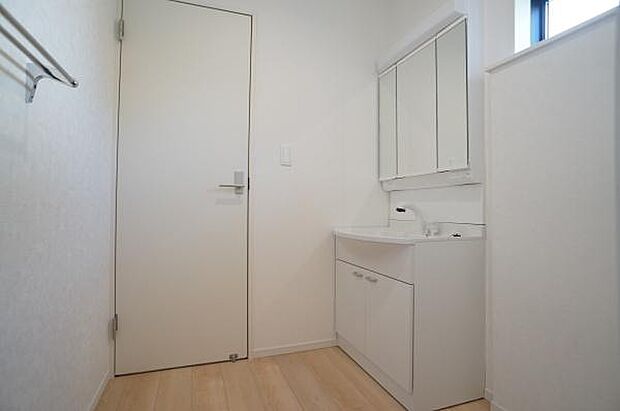 ハンドシャワー付き三面鏡洗面台。