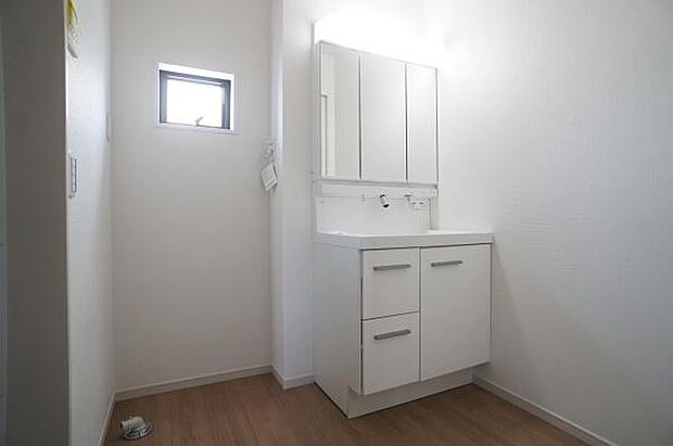 ハンドシャワー付き三面鏡洗面台。