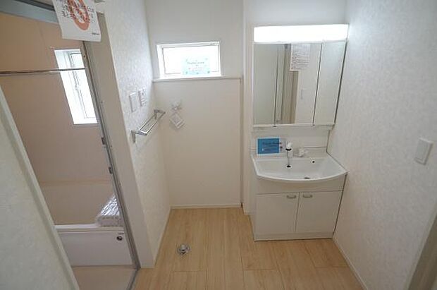 ハンドシャワー付き三面鏡洗面台。