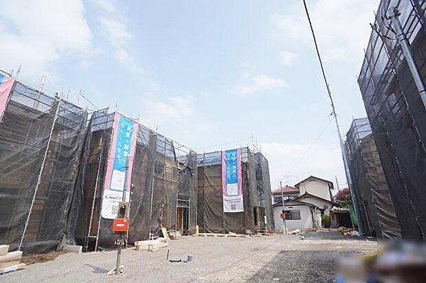 西側外観。木工事中。