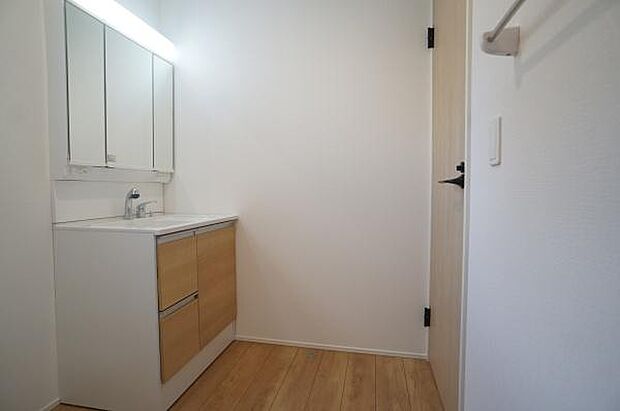 ハンドシャワー付き三面鏡洗面台。