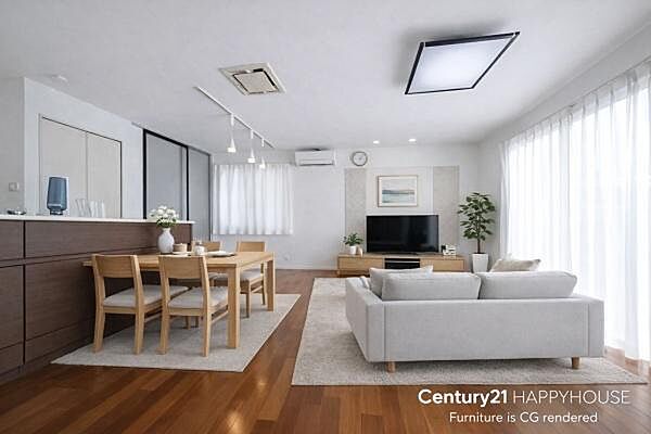 ※一部ＣＧにて加工しています。開放感あふれる広々としたＬＤＫ。温かみのある無垢調フローリングと大きな窓から差し込む自然光が、心地よい住空間を演出しています。（※家具はＣＧによるイメージです）