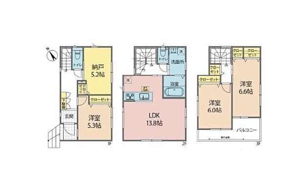 LDKは13.8帖!人気の対面式システムキッチン!2階に水回り集約の家事の時短を叶える間取り!