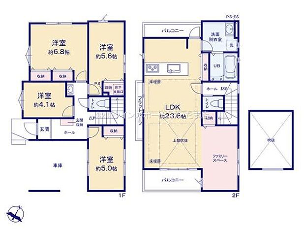 吹抜け・床暖房付きの23帖超LDK！水廻りワンフロアで家事動線が楽しい！開放感ある2面バルコニー！