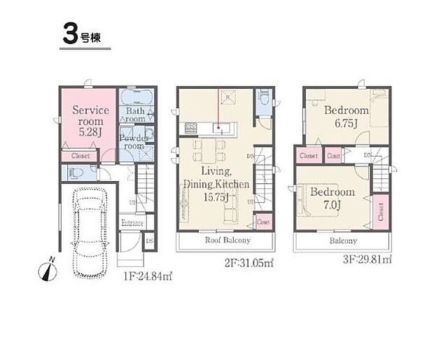 LDKは広々15帖超!主寝室は南バルコニーに面し明るい7帖の広さ!家族のコミュニケーションのとりやすいリビングイン階段採用!雨風から愛車を守るビルドインガレージ!