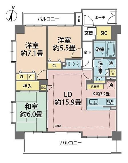 角部屋×アウトフレーム工法。家具配置がしやすいすっきりとした室内設計。南北両面バルコニーの三面採光で陽当り・通風良好。約15.9帖のLDは床暖房付きで快適。