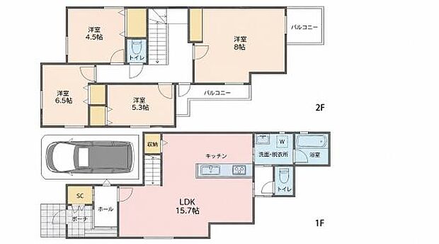 主寝室はゆっくり寛げる8帖の広さ！2面バルコニーに面し開放感があります！水回り集約の家事ラクプラン！家族のコミュニケーションのとりやすいリビングイン階段！