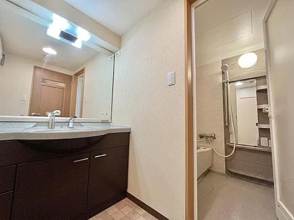 ワイドな洗面化粧台を備えた使い勝手の良い洗面室。浴室は落ち着いた色合いで、一日の疲れをゆっくり癒せる空間です。ご家族でも使いやすいゆとりある水回りとなっております。