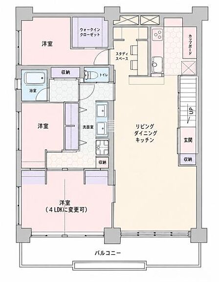 各部屋がしっかり区切られた間取りでプライベート空間を確保しやすい設計です。リビングダイニングキッチンが広めに配置されておりゆとりのある空間です。