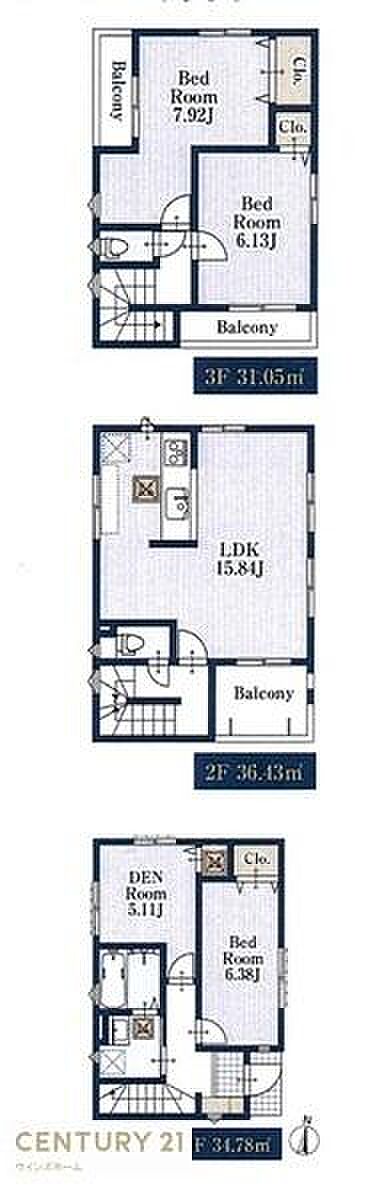 LDKは広々15帖超!ゆったり6帖以上のお部屋を3室!書斎や収納スペースとして多目的に使えるDENをご用意。バルコニー2カ所付き!