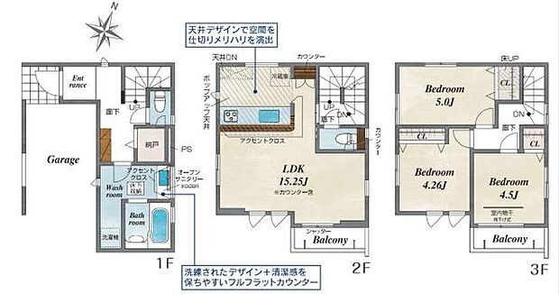 LDKは15.25帖!ポスト一体型宅配ボックス、Wロック電池錠、LED照明等こだわりの設備仕様!開放感ある2面バルコニー!雨風から愛車を守るビルドインガレージ!